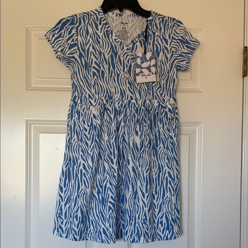 Diane Von Furstenberg Blue and White Zebra Pattern Kids Dress Large NWT